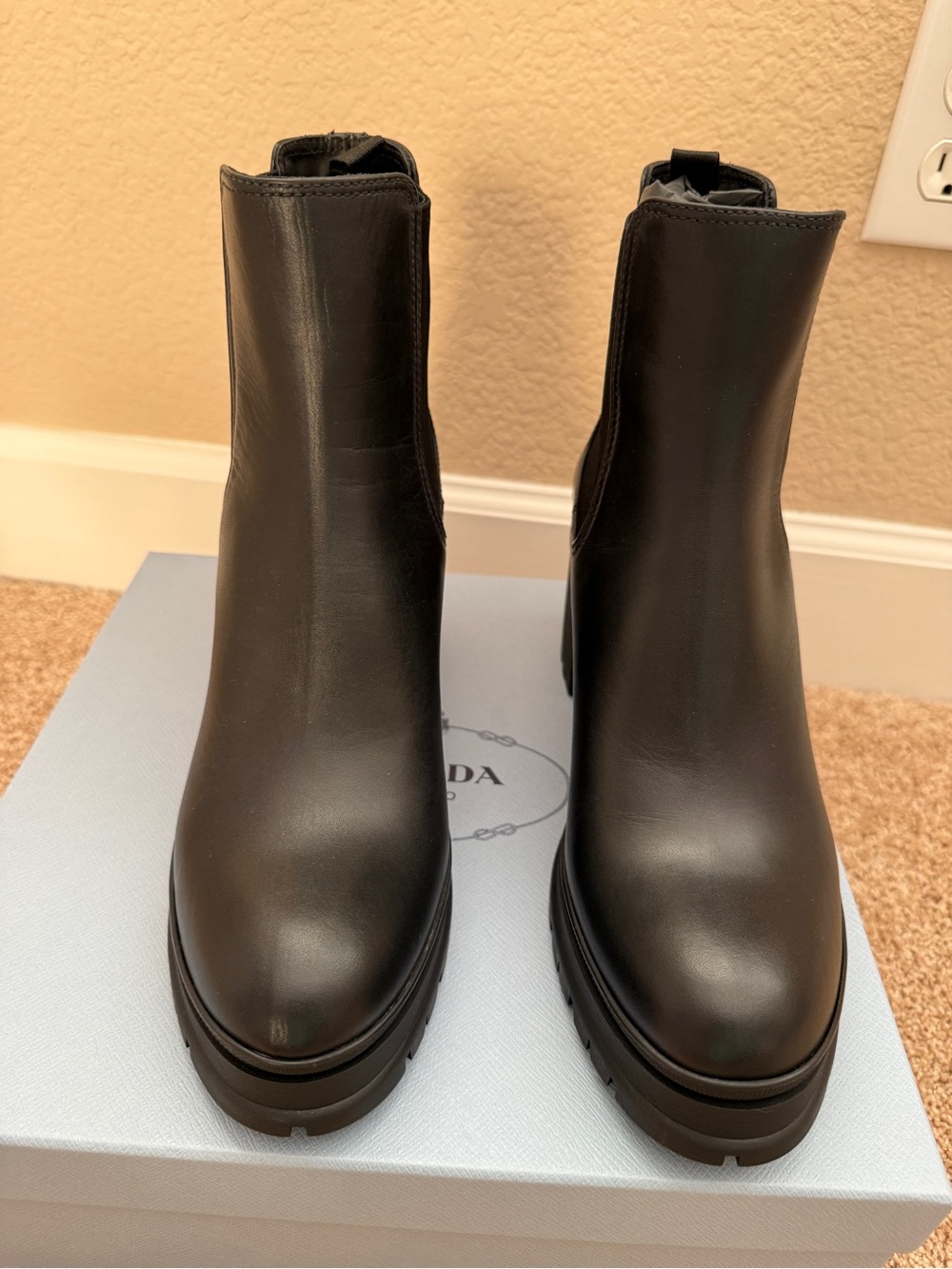 NEW Prada Black Leather Lug Sole Chelsea Boots Size 41